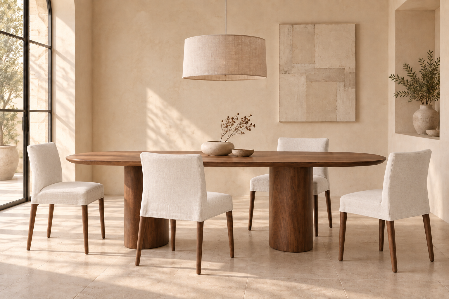 Comedor íntimo con mesa de madera y sillas con funda blanca