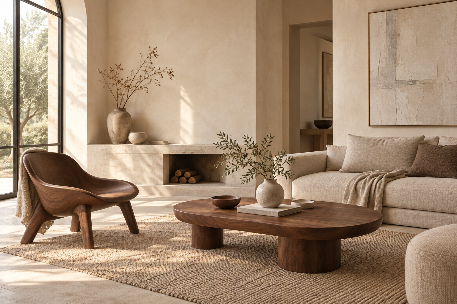 Living contemporáneo con muebles de madera y textiles naturales