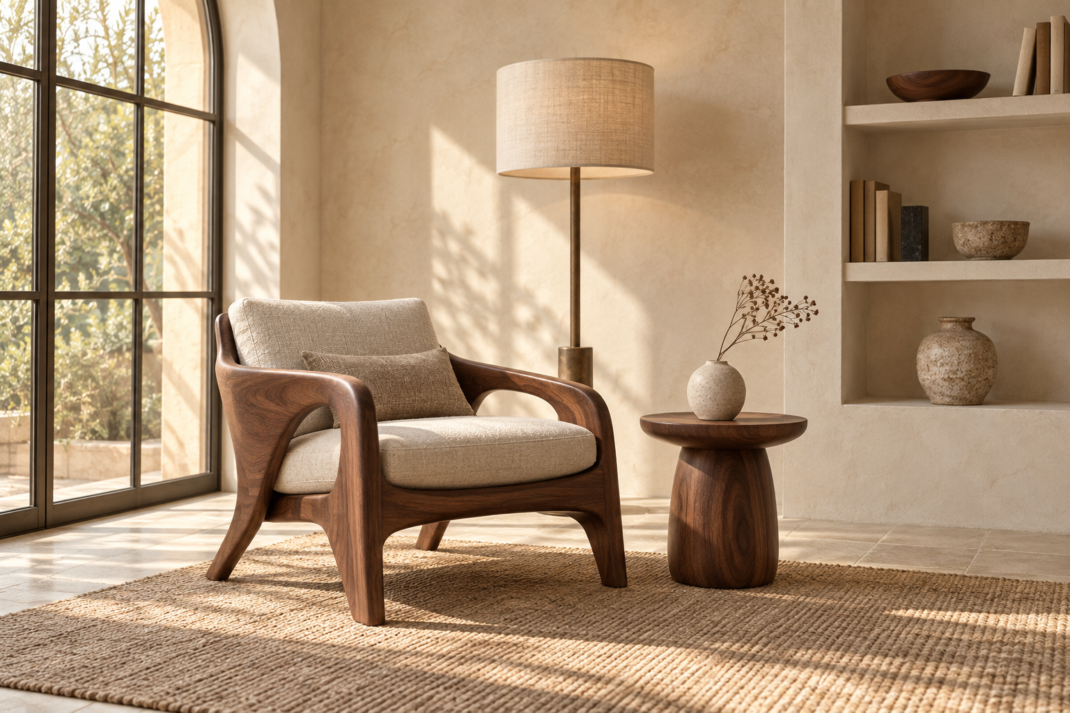 Rincón de lectura con sillón y mesa auxiliar de madera