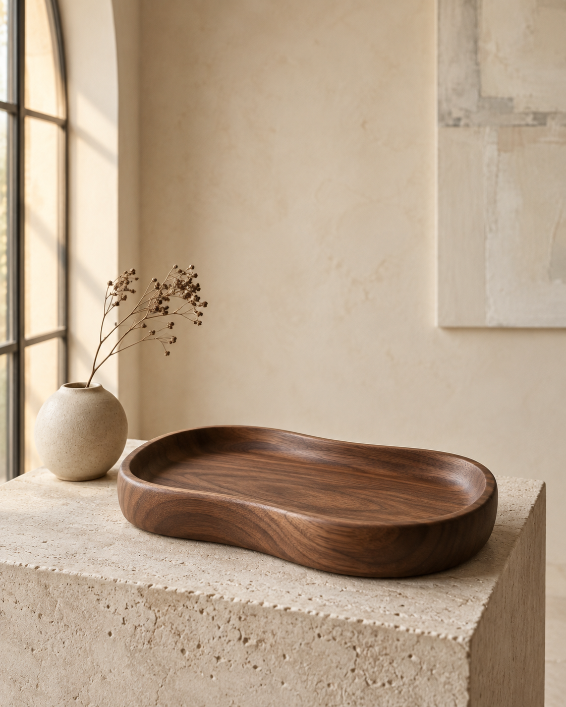 Bandeja decorativa de madera sobre un pedestal