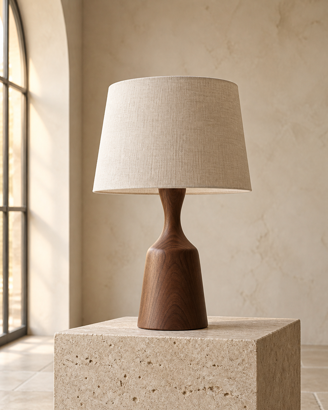 Lámpara de madera y pantalla de lino